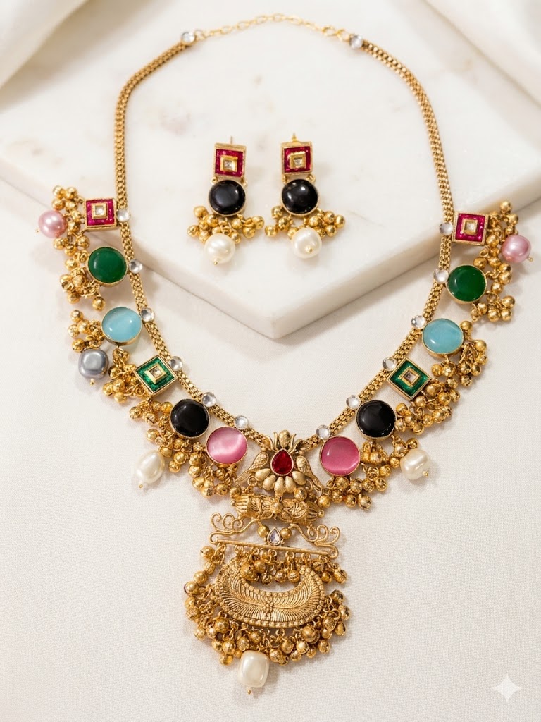 Navratna-Inspired Multistone Ethnic Necklace Set MN 83