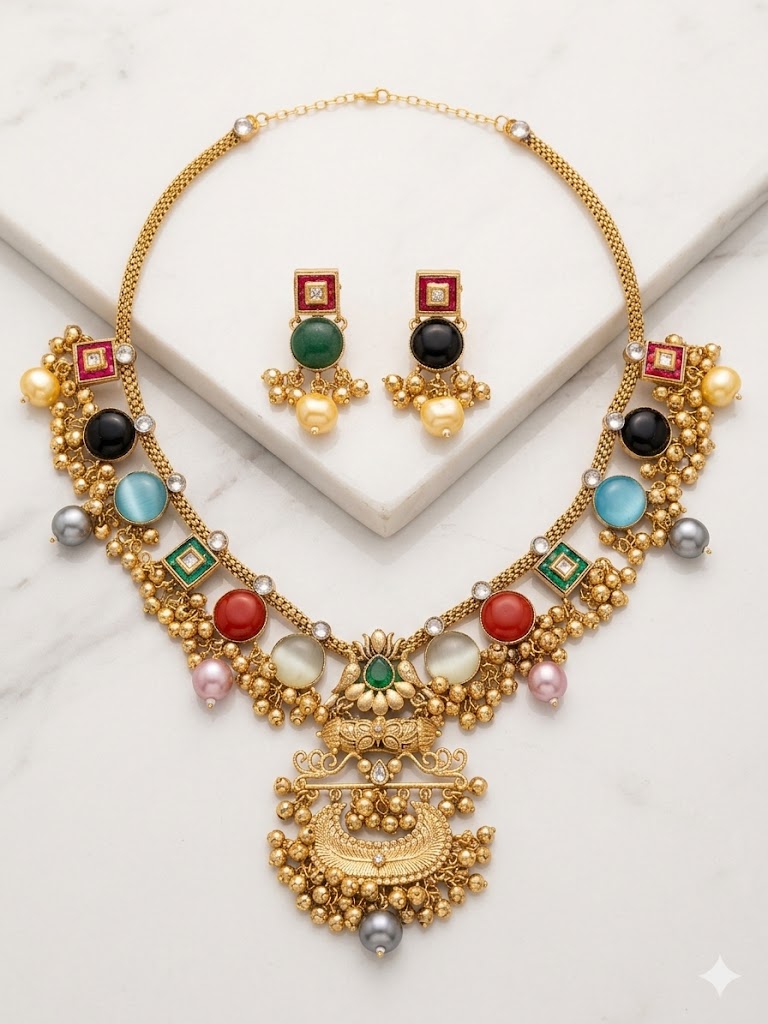 Navratna-Inspired Multistone Ethnic Necklace Set MN 83