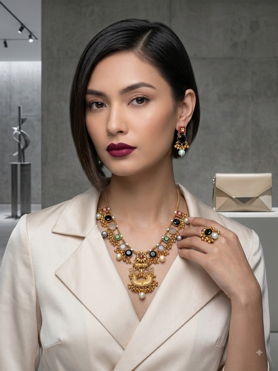 Navratna-Inspired Multistone Ethnic Necklace Set MN 83
